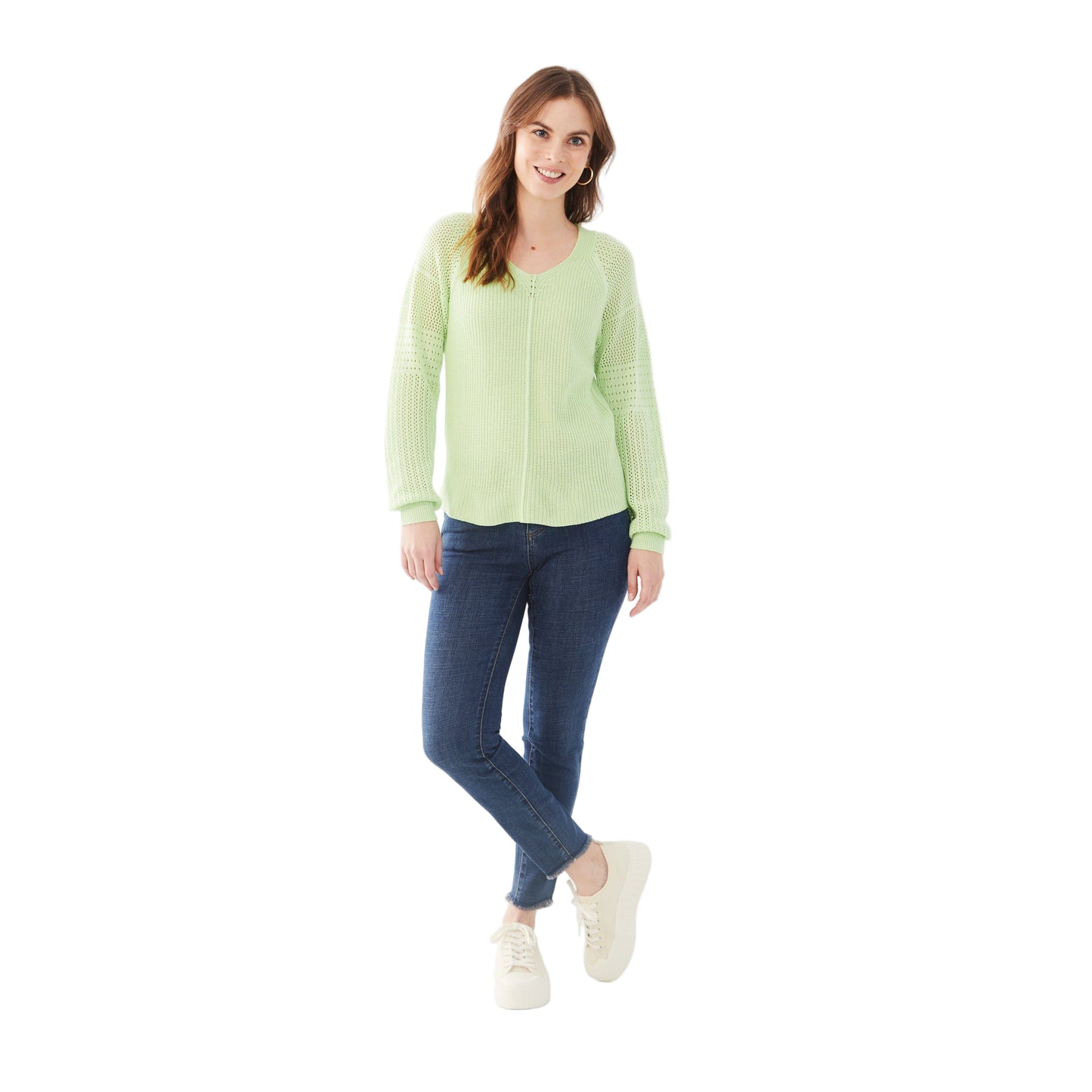 FDJ Women's Long Pointelle Sleeve V-Neck Sweater - Assorted Colours