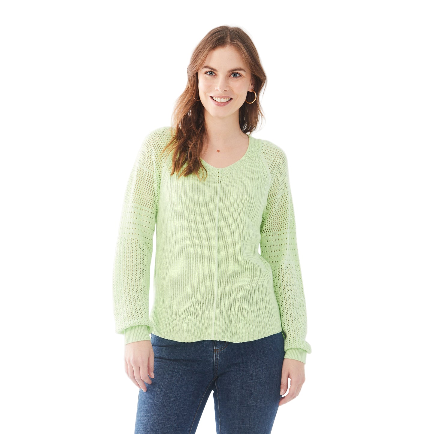 FDJ Women's Long Pointelle Sleeve V-Neck Sweater - Assorted Colours