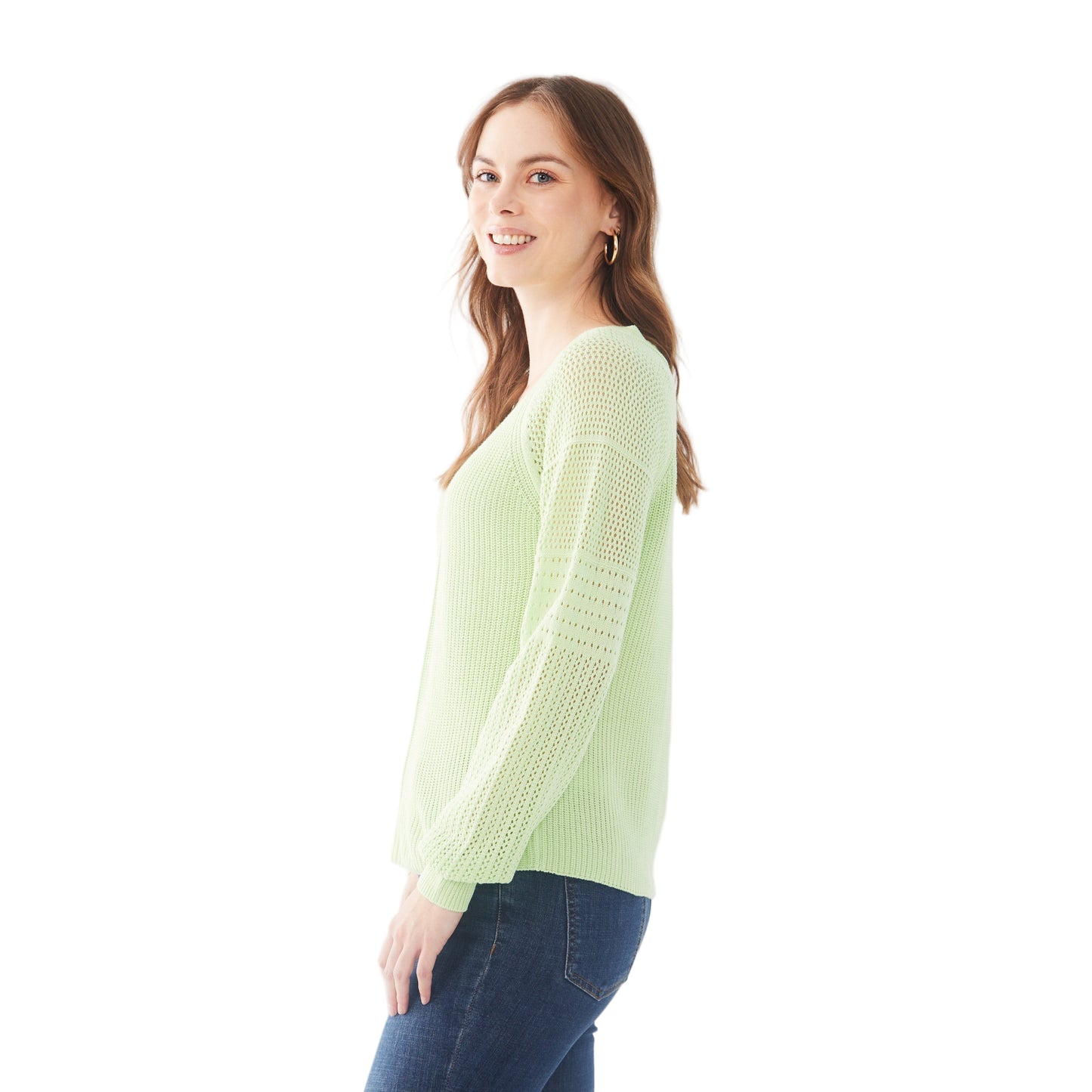 FDJ Women's Long Pointelle Sleeve V-Neck Sweater - Assorted Colours