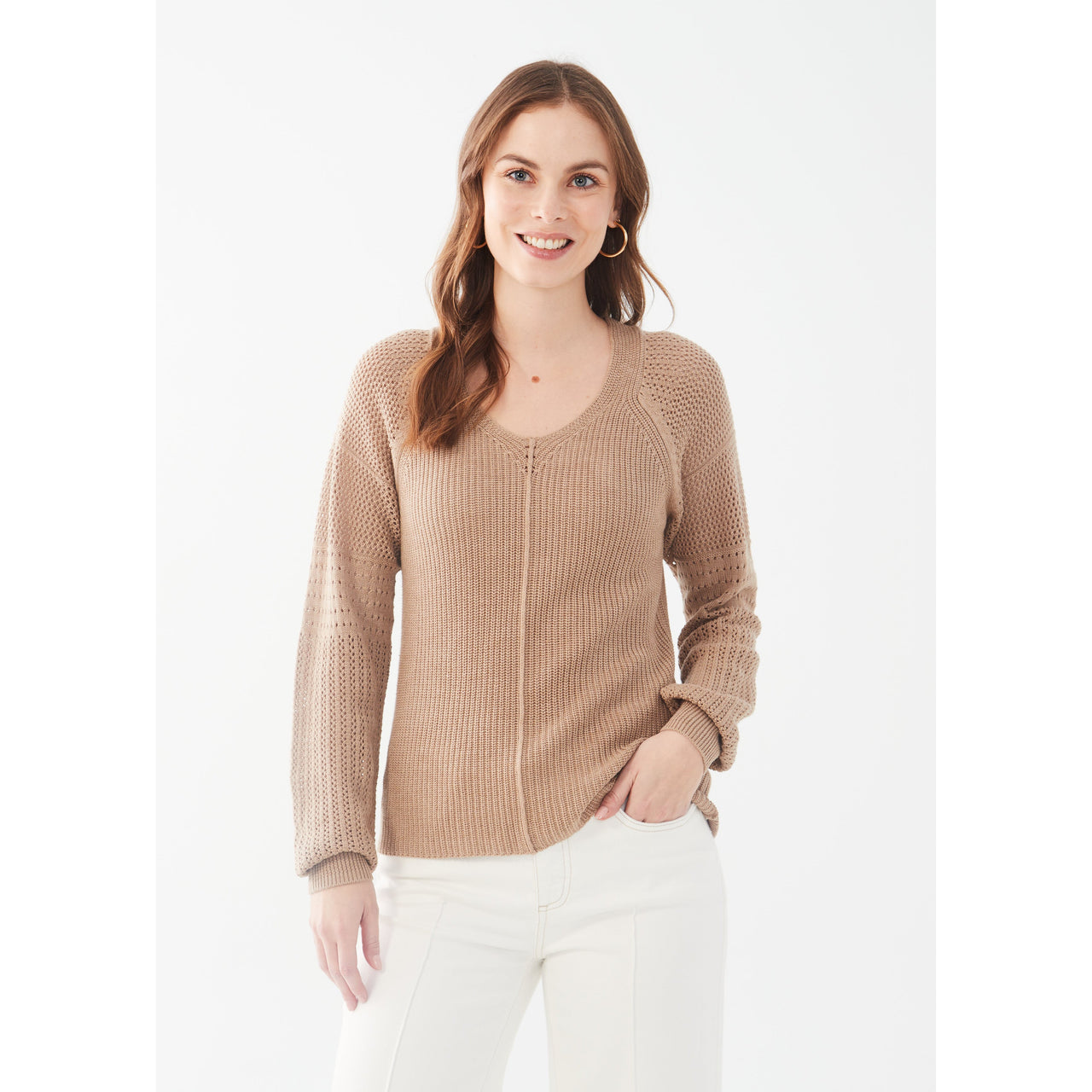 FDJ Women's Long Pointelle Sleeve V-Neck Sweater