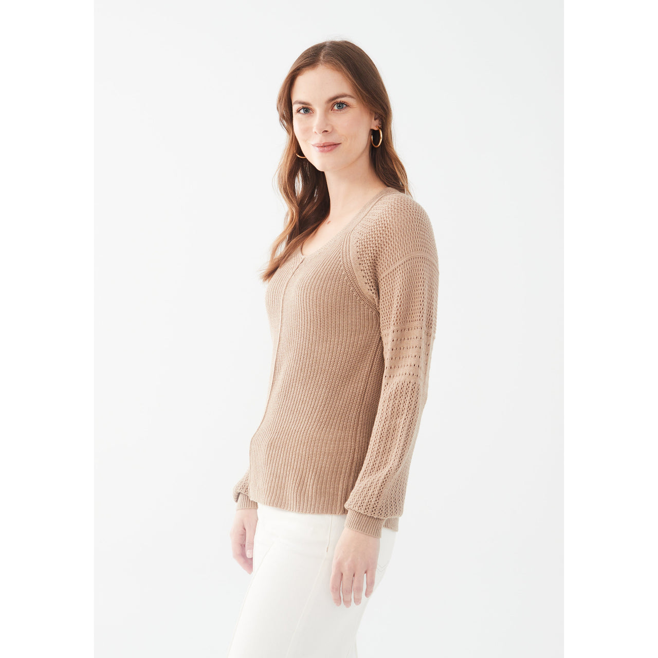 FDJ Women's Long Pointelle Sleeve V-Neck Sweater