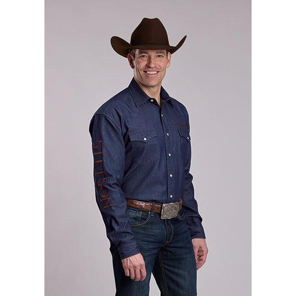 Stetson Men's Long Sleeve Logo Shirt- Dark Blue