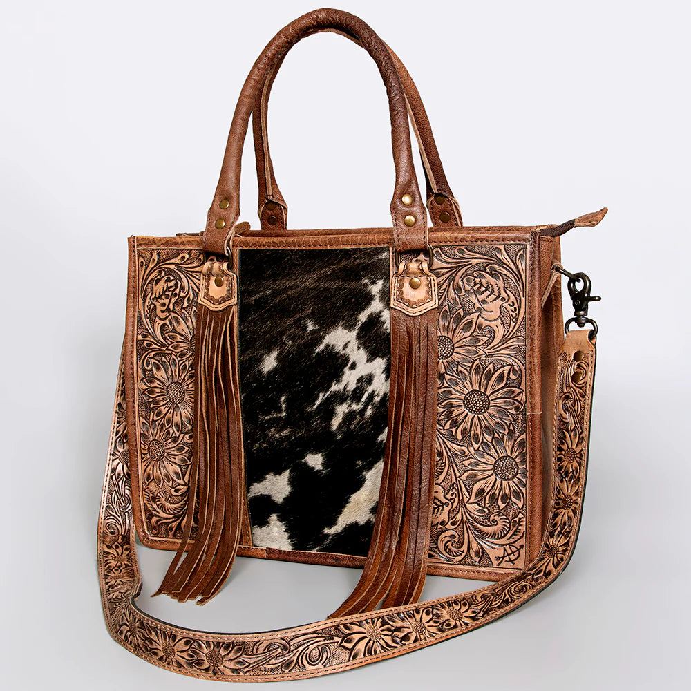 American Darling Western Tote Bag - Handcrafted Hair-On Cowhide & Hand-Tooled Leather