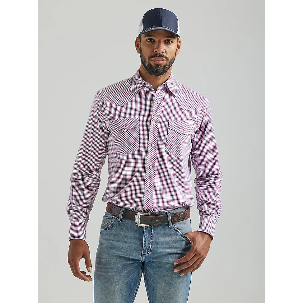 Wrangler Men's 20X Competition Advanced Comfort Long Sleeve 2 Pocket Western Snap Plaid Shirt - Mini Pink