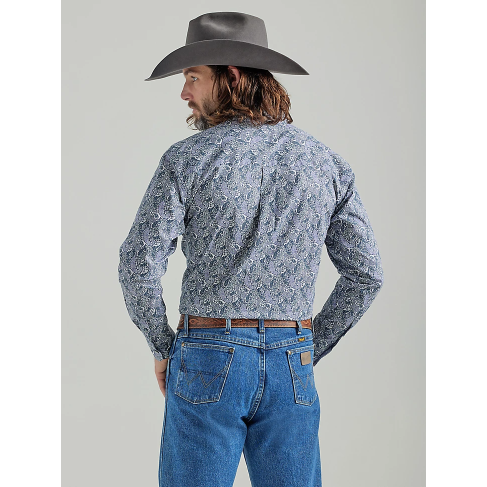 Wrangler Men's George Strait Long Sleeve Button Down 1 Pocket Printed Shirt - Purple Gray