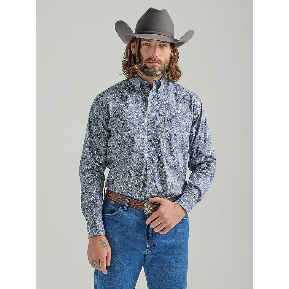 Wrangler Men's George Strait Long Sleeve Button Down 1 Pocket Printed Shirt - Purple Gray