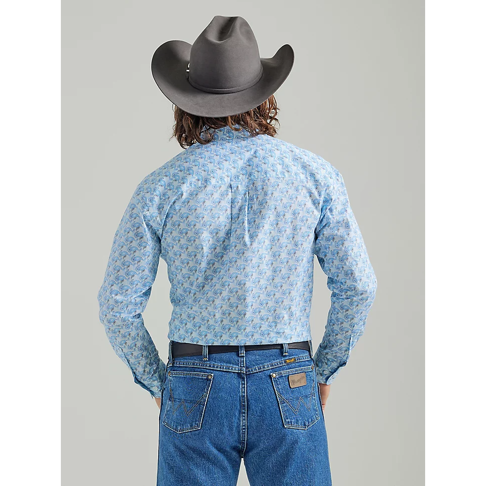 Wrangler Men's George Strait Long Sleeve Button Down 1 Pocket Printed Shirt - Baby Blue