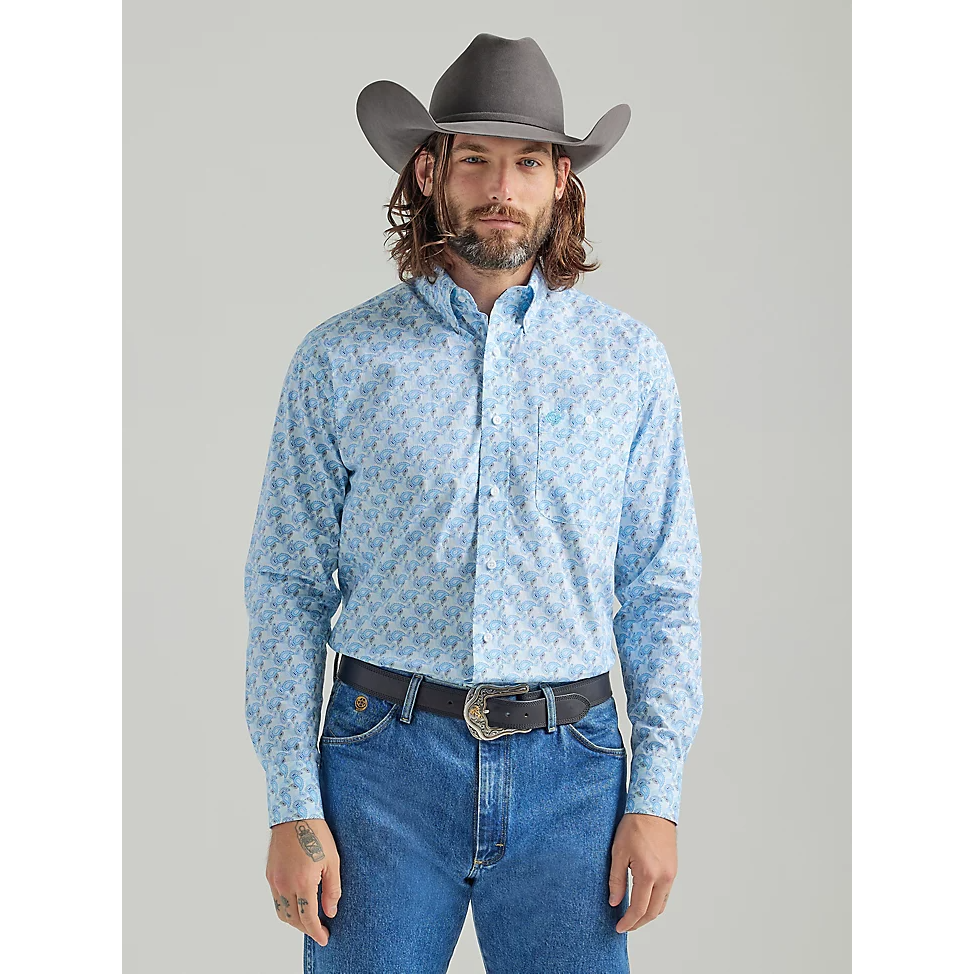 Wrangler Men's George Strait Long Sleeve Button Down 1 Pocket Printed Shirt - Baby Blue