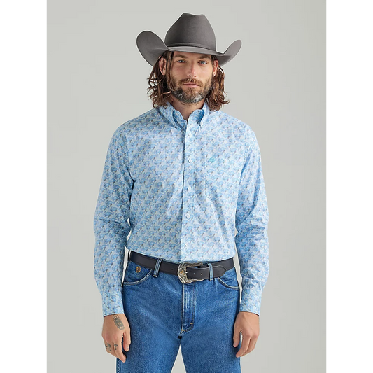 Wrangler Men's George Strait Long Sleeve Button Down 1 Pocket Printed Shirt - Baby Blue