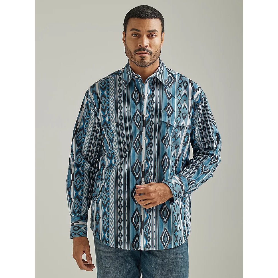 Wrangler Men's Checotah Long Sleeve Western Snap Printed Shirt - Watery Gray