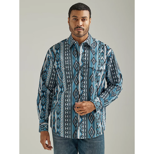 Wrangler Men's Checotah Long Sleeve Western Snap Printed Shirt - Watery Gray