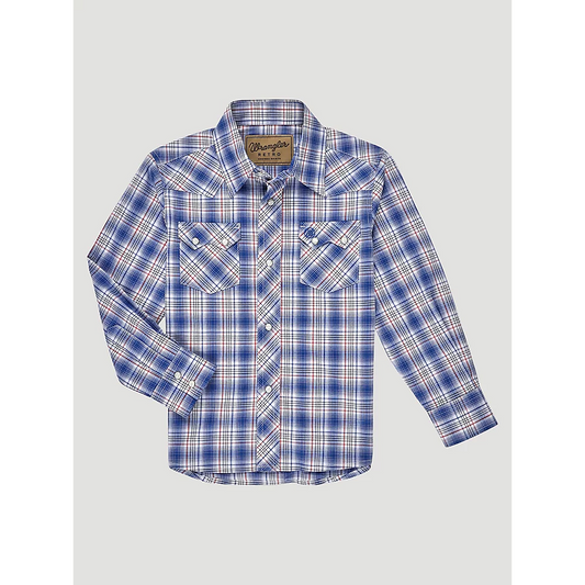 Wrangler Boys Retro Western Snap Plaid Shirt w/ Front Sawtooth Pockets - Picnic Navy