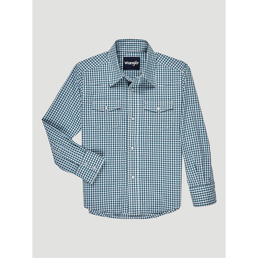 Wrangler Boy's Long Sleeve Wrinkle Resist Western Snap Plaid Shirt - Mixed Greens