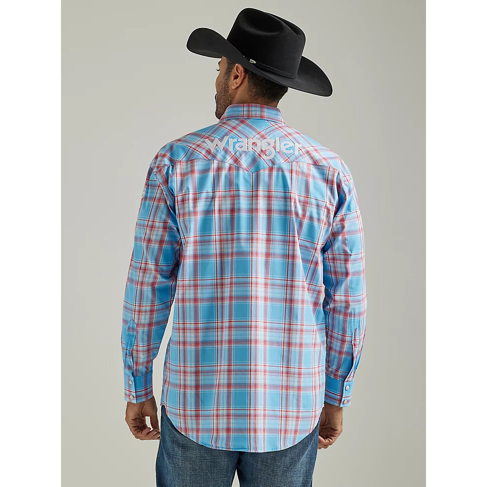 Wrangler Mens Logo Long Sleeve Western Snap Plaid Shirt - Sunny Blue
