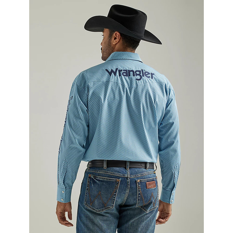 Wrangler Mens Logo Long Sleeve Western Snap Print Shirt - Dusty Aqua