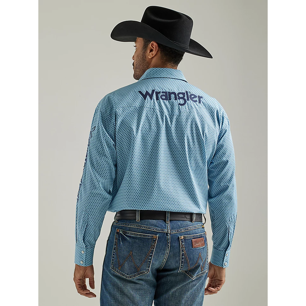 Wrangler Men's Logo Long Sleeve Western Snap Print Shirt - Dusty Aqua