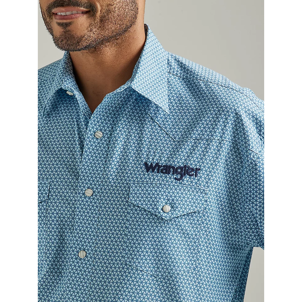 Wrangler Men's Logo Long Sleeve Western Snap Print Shirt - Dusty Aqua