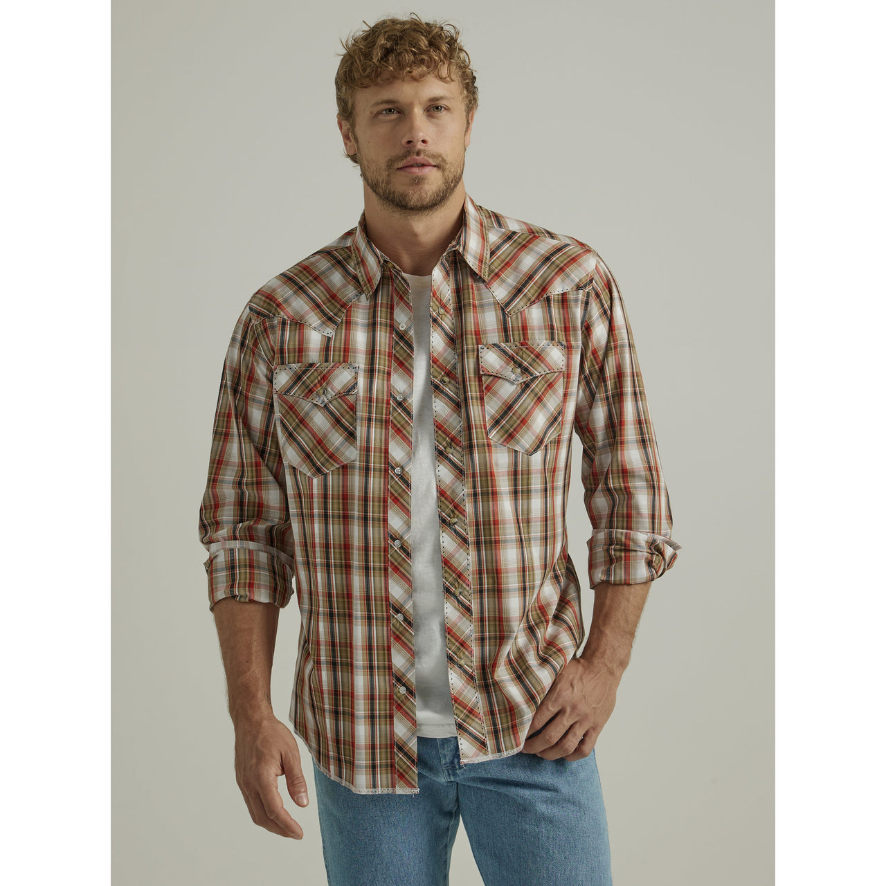 Wrangler Men's Wrinkle Free Long Sleeve Snap Shirt - Brown/Orange