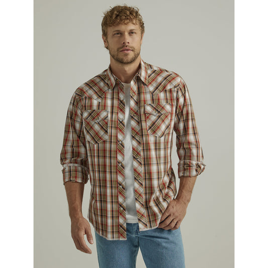 Wrangler Men's Wrinkle Free Long Sleeve Snap Shirt - Brown/Orange