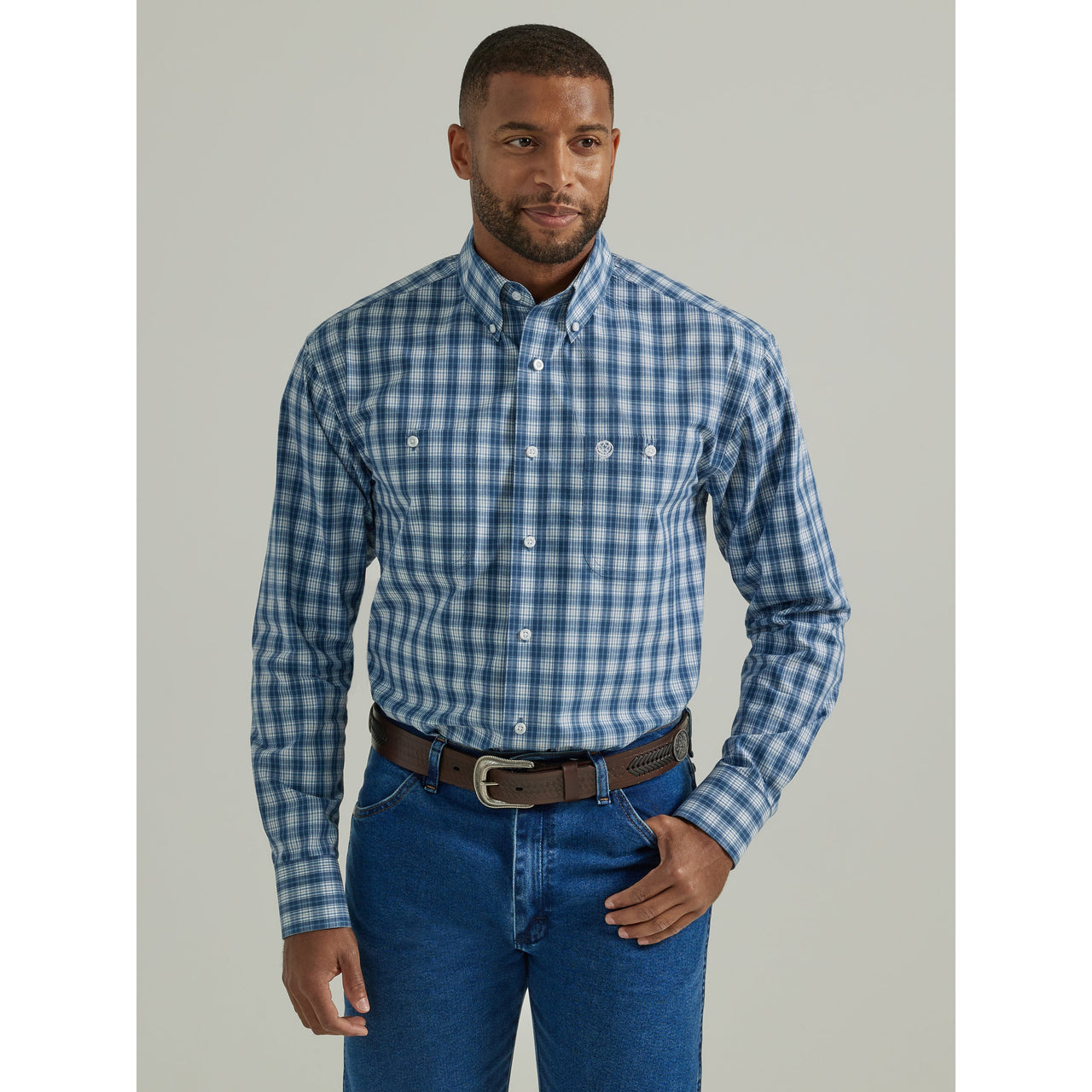 Wrangler Men's George Strait Long Sleeve Plaid Shirt - Blue