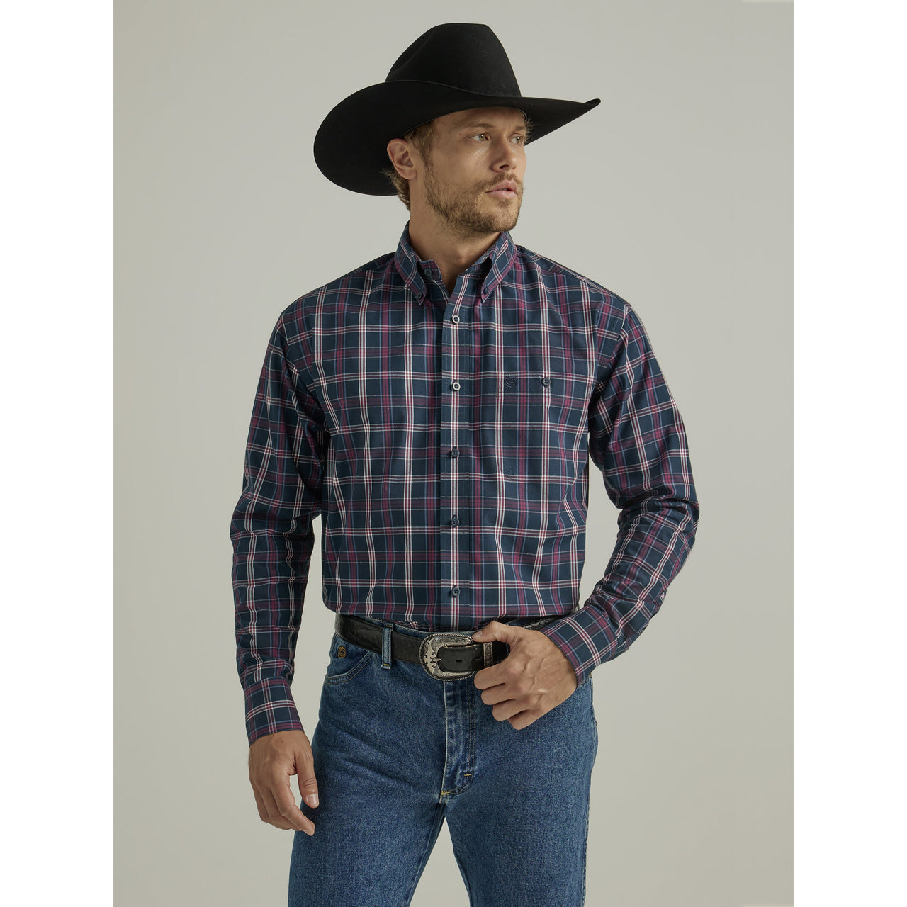 Wrangler Men's George Strait Long Sleeve Plaid Shirt - Navy