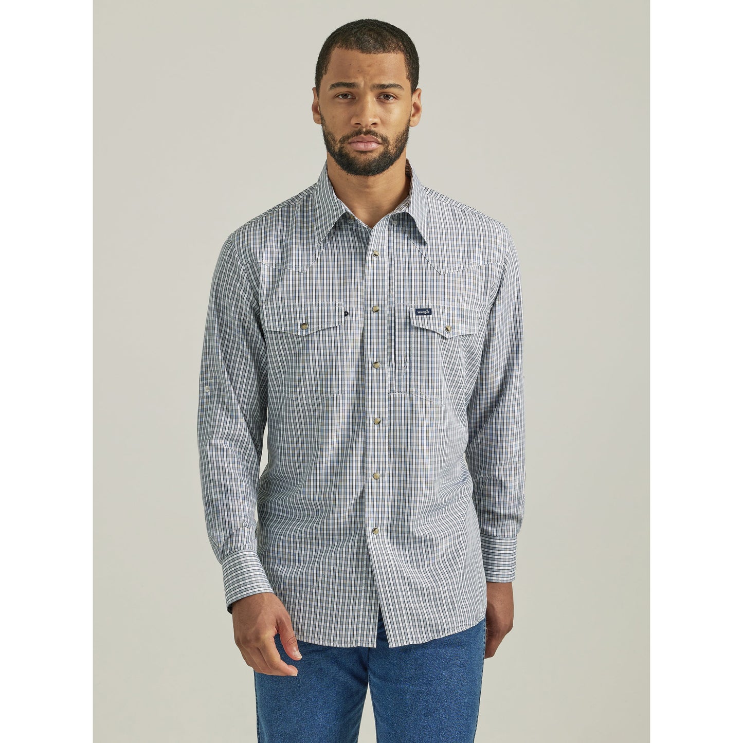 Wrangler Men's Western Plaid Long Sleeve Shirt - Navy