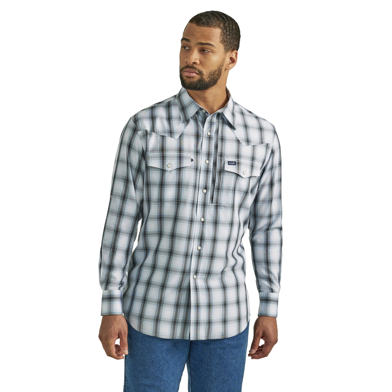 Wrangler Men's Western Plaid Long Sleeve Shirt - Blue