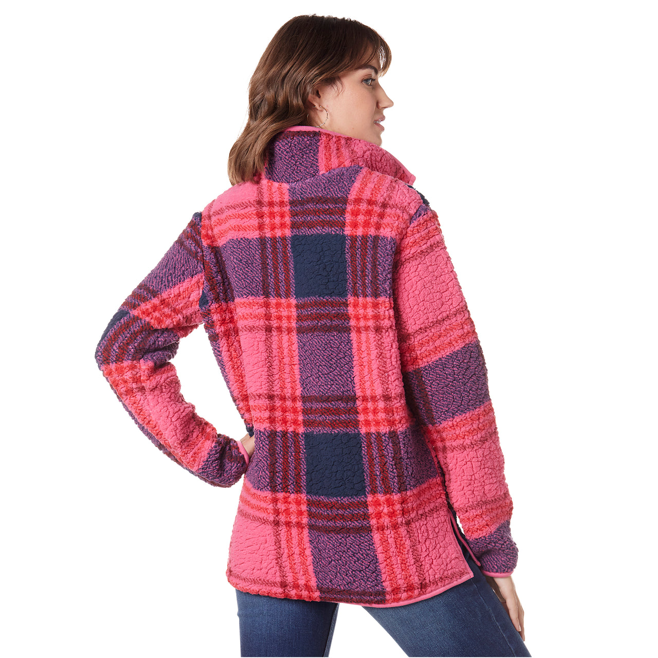 Wrangler Women's LS Sherpa Pullover - Plaid Pink
