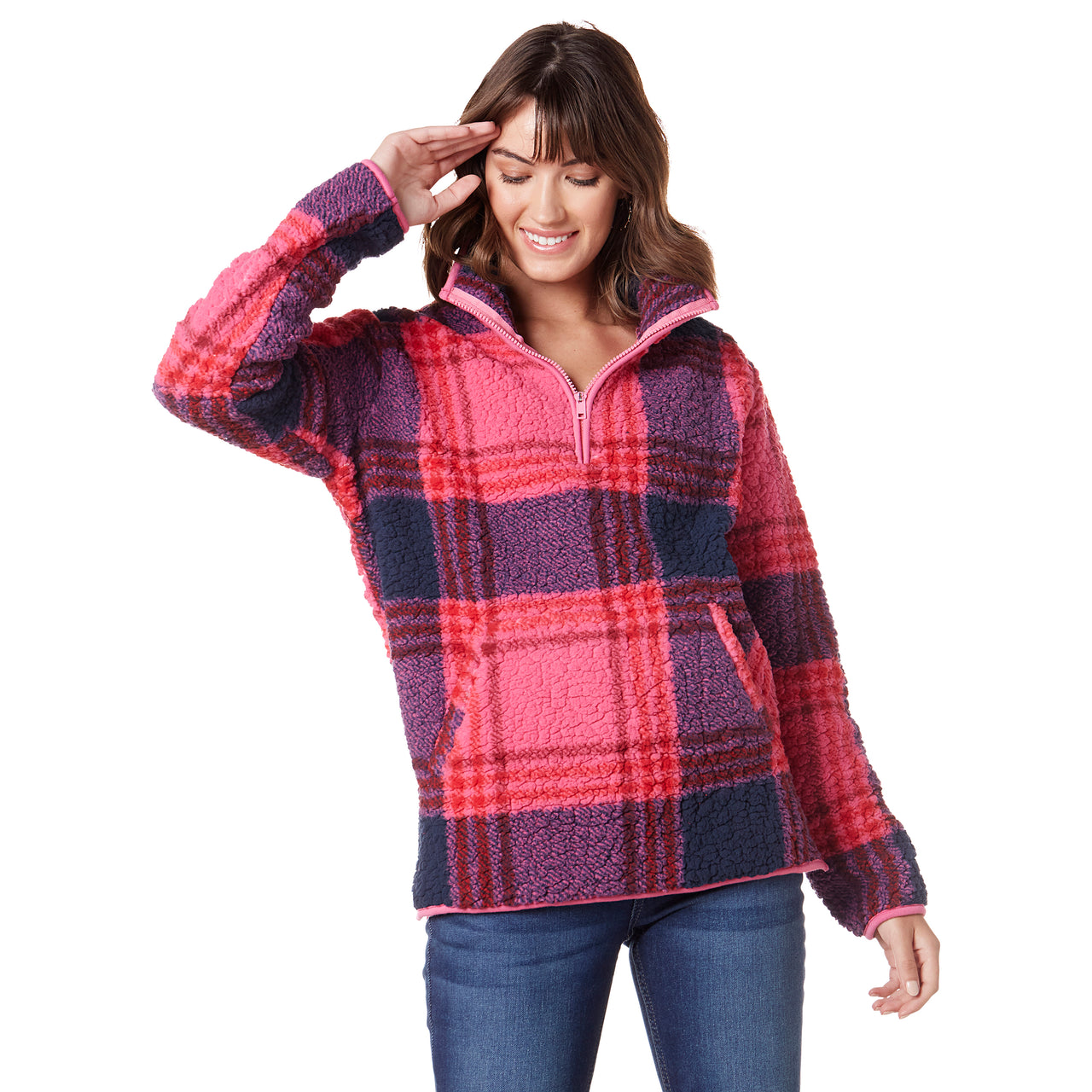 Wrangler Women's LS Sherpa Pullover - Plaid Pink