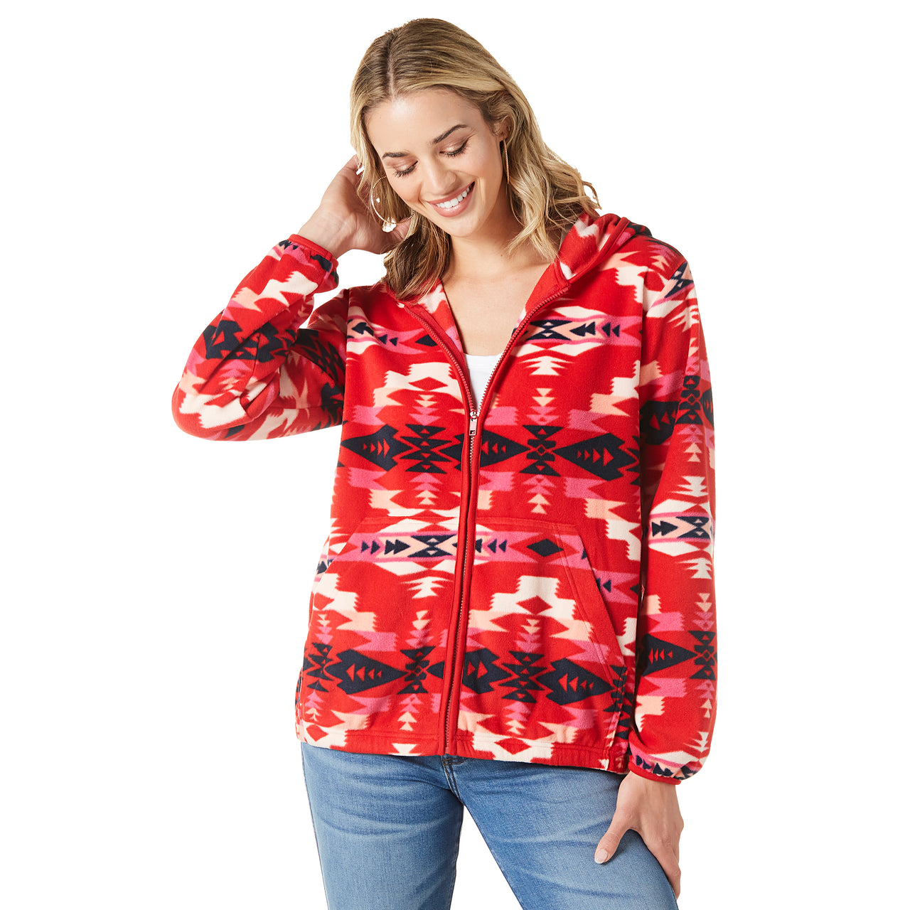 Wrangler Women's LS Fleece Zip Sweater - Aztec Red