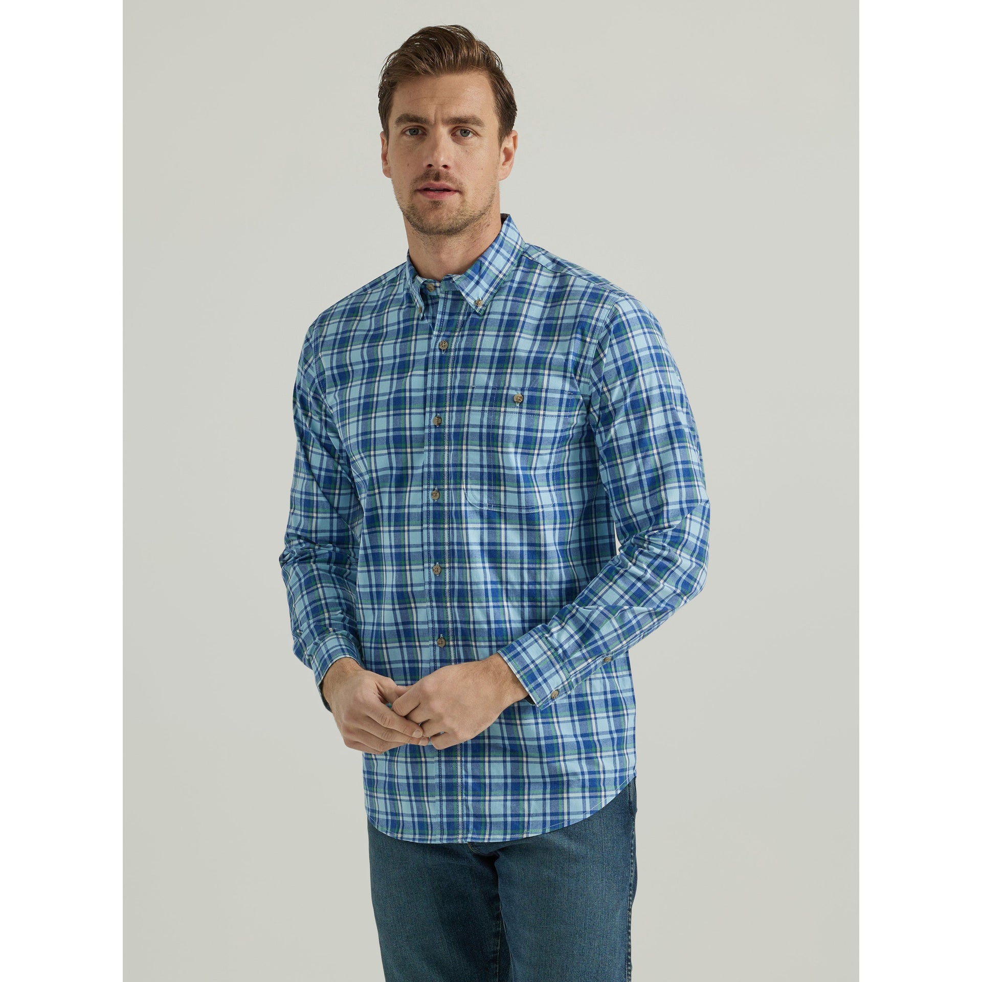 Wrangler Rugged Wear® Long Sleeve Wrinkle Resist Plaid Button-Down Shirt in  Teal Navy