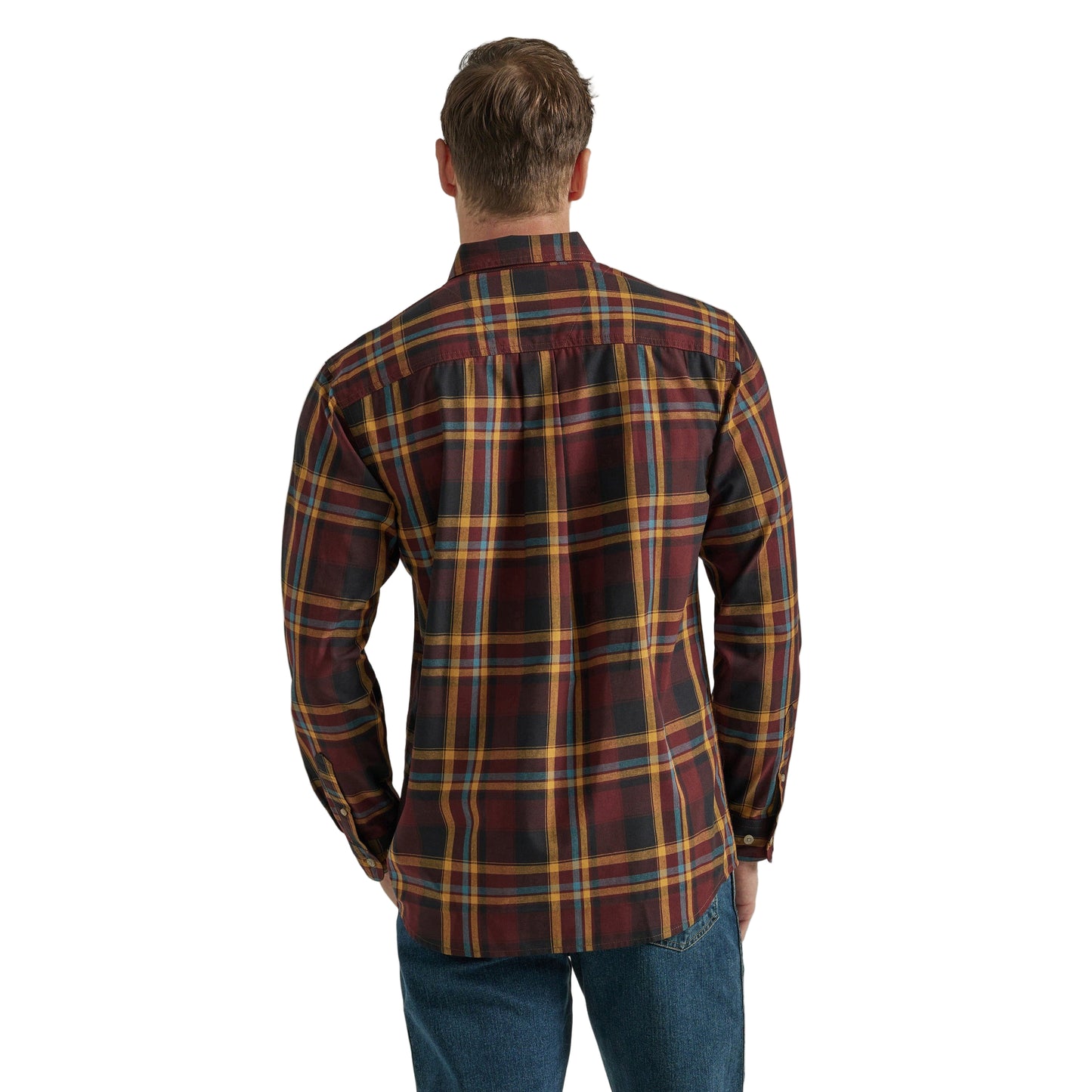 Wrangler Men's Rugged Wear Blue Ridge Plaid Long Sleeve Shirt - Burgundy