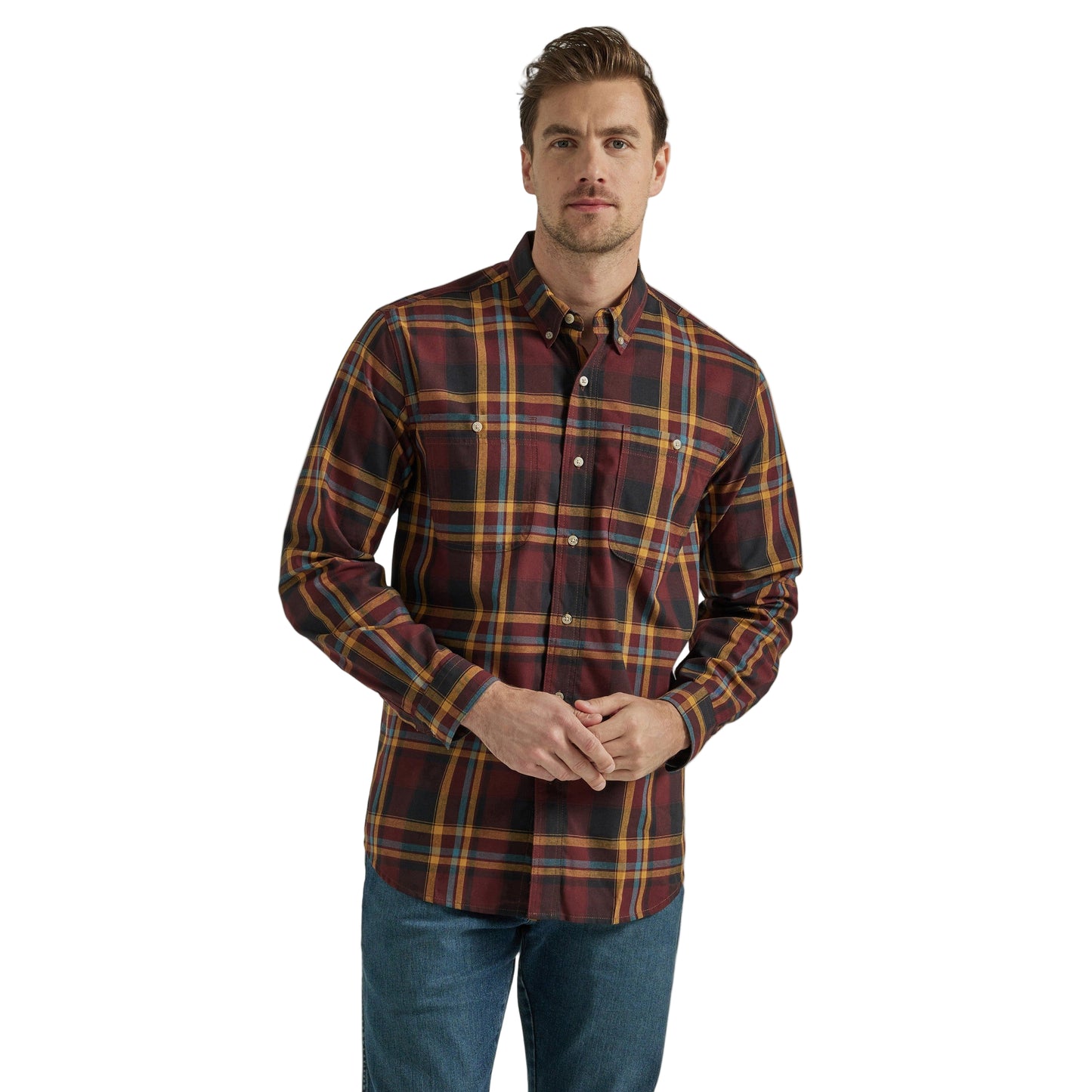 Wrangler Men's Rugged Wear Blue Ridge Plaid Long Sleeve Shirt - Burgundy