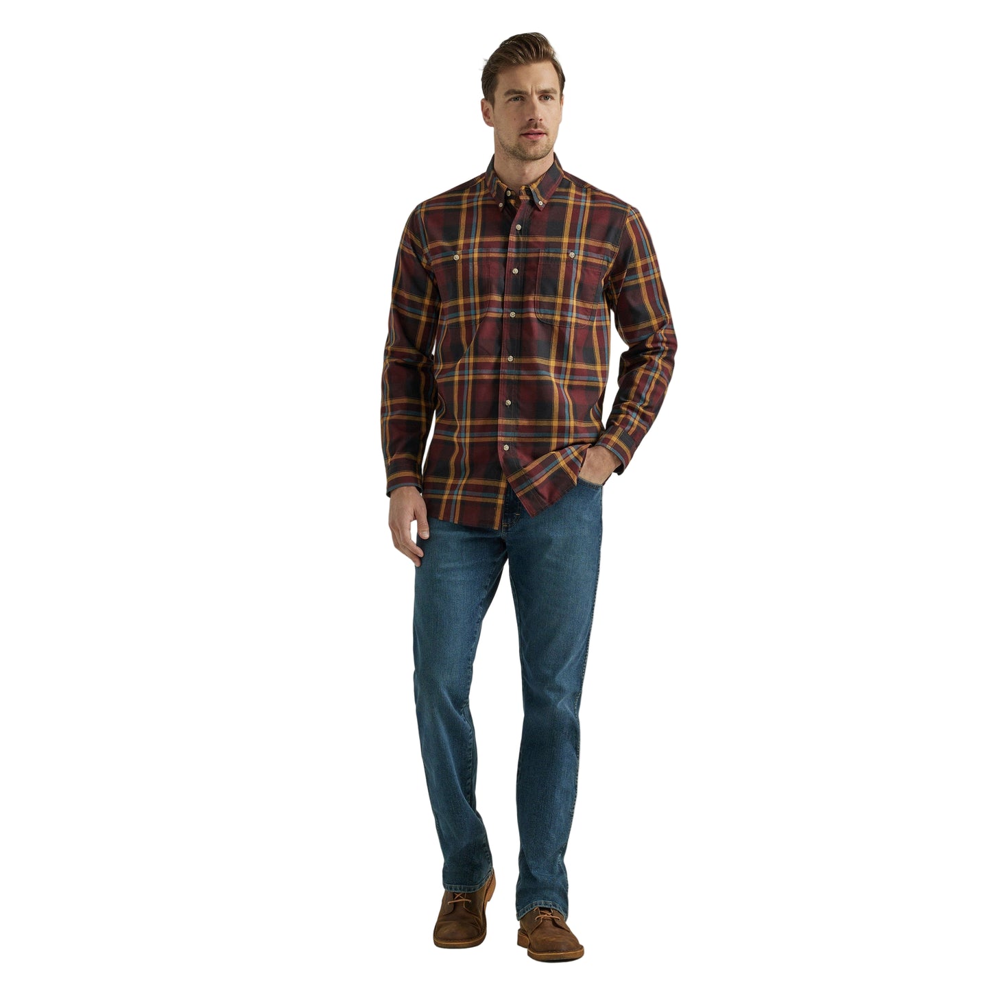 Wrangler Men's Rugged Wear Blue Ridge Plaid Long Sleeve Shirt - Burgundy