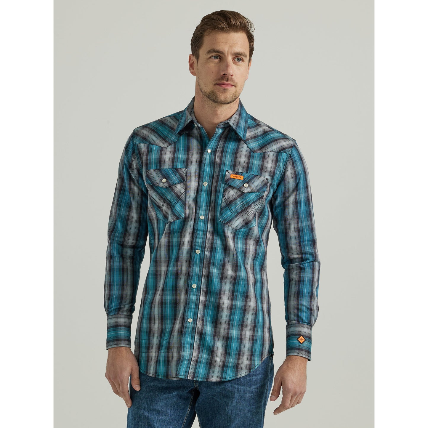 Wrangler Men's FR Long Sleeve Work Shirt - Black/Teal