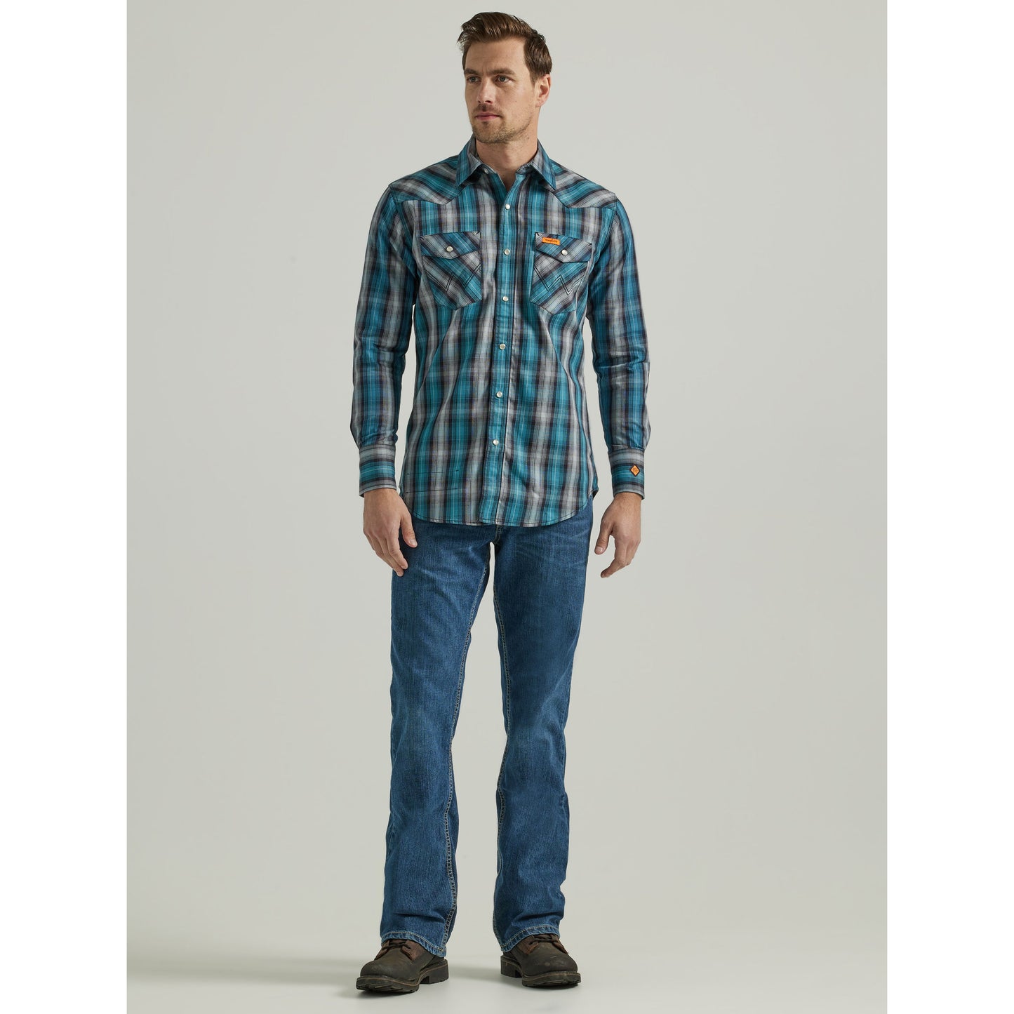 Wrangler Men's FR Long Sleeve Work Shirt - Black/Teal