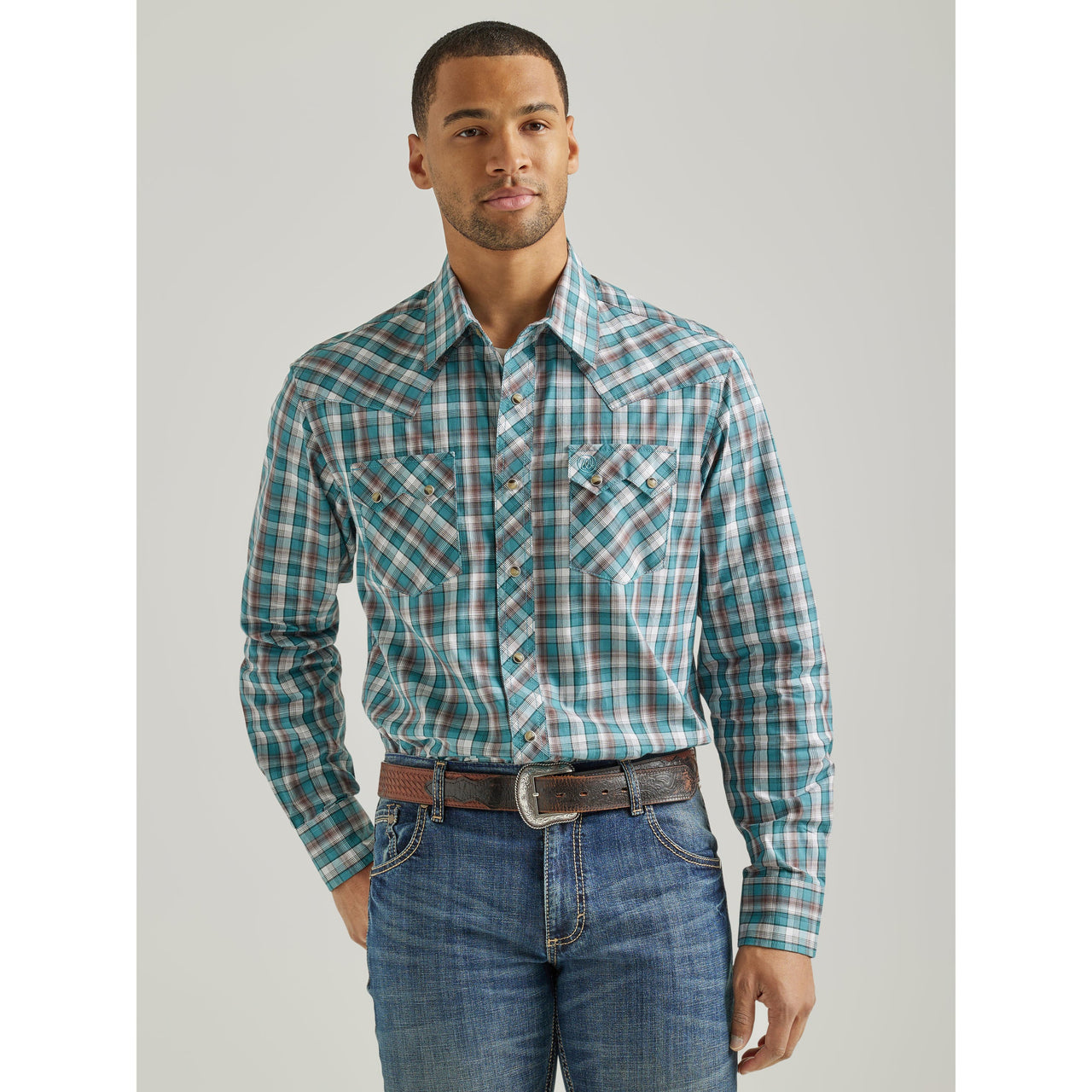 Wrangler Men's Retro Long Sleeve Modern Fit Snap Shirt - Teal