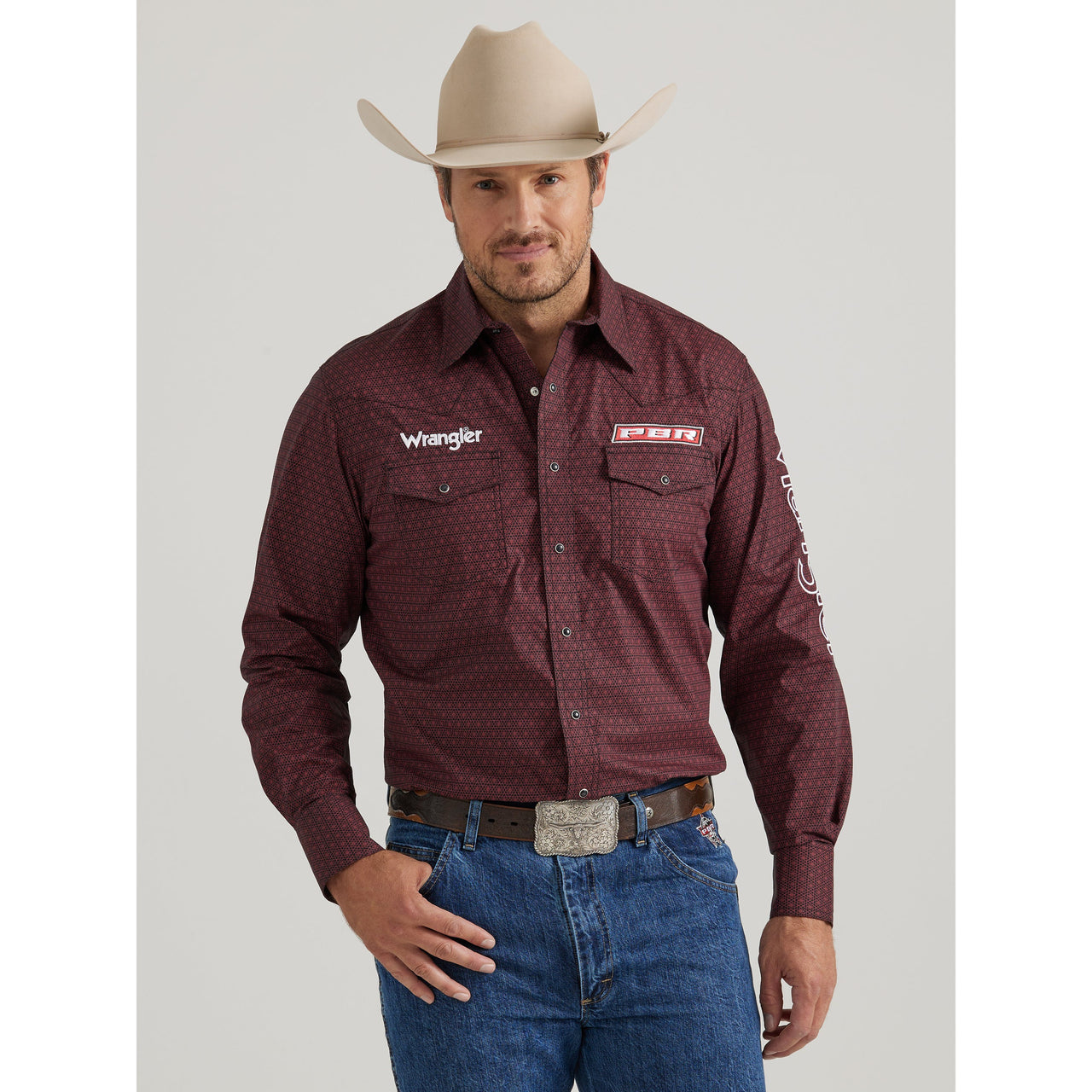 Wrangler Men's Logo Long Sleeve Snap Shirt - Burgundy