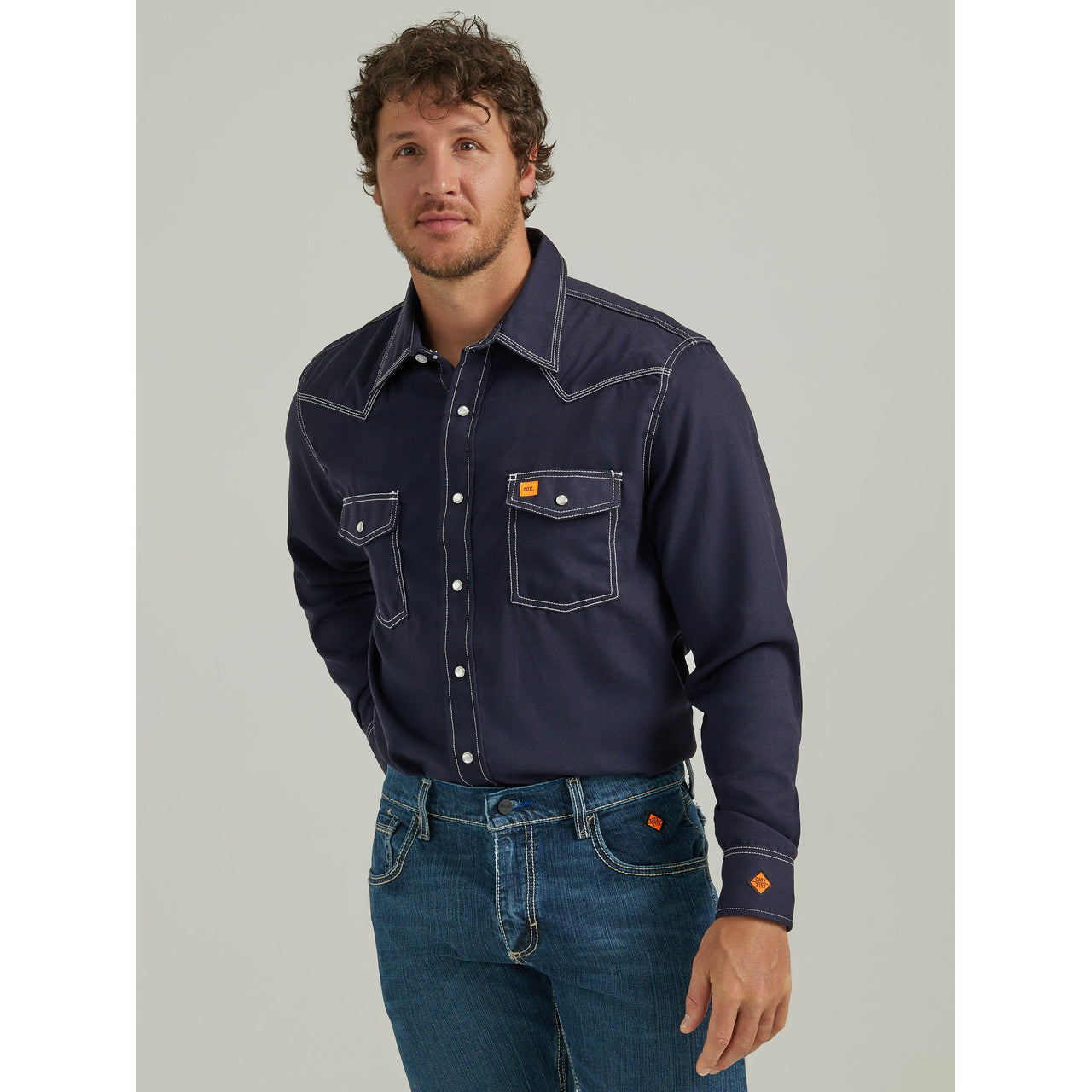 Wrangler Men's FR Flame Resistant 20X Snap Long Sleeve Shirt - Navy