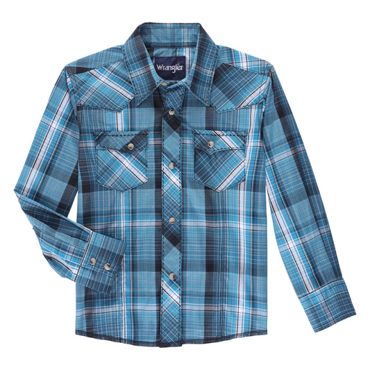 Wrangler Boy's Wrinkle Resist Long Sleeve Snap Shirt - Teal