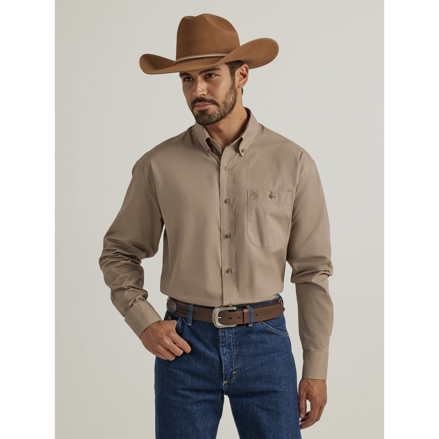 Wrangler Men's George Strait 1 Pocket Long Sleeve Shirt - Tan