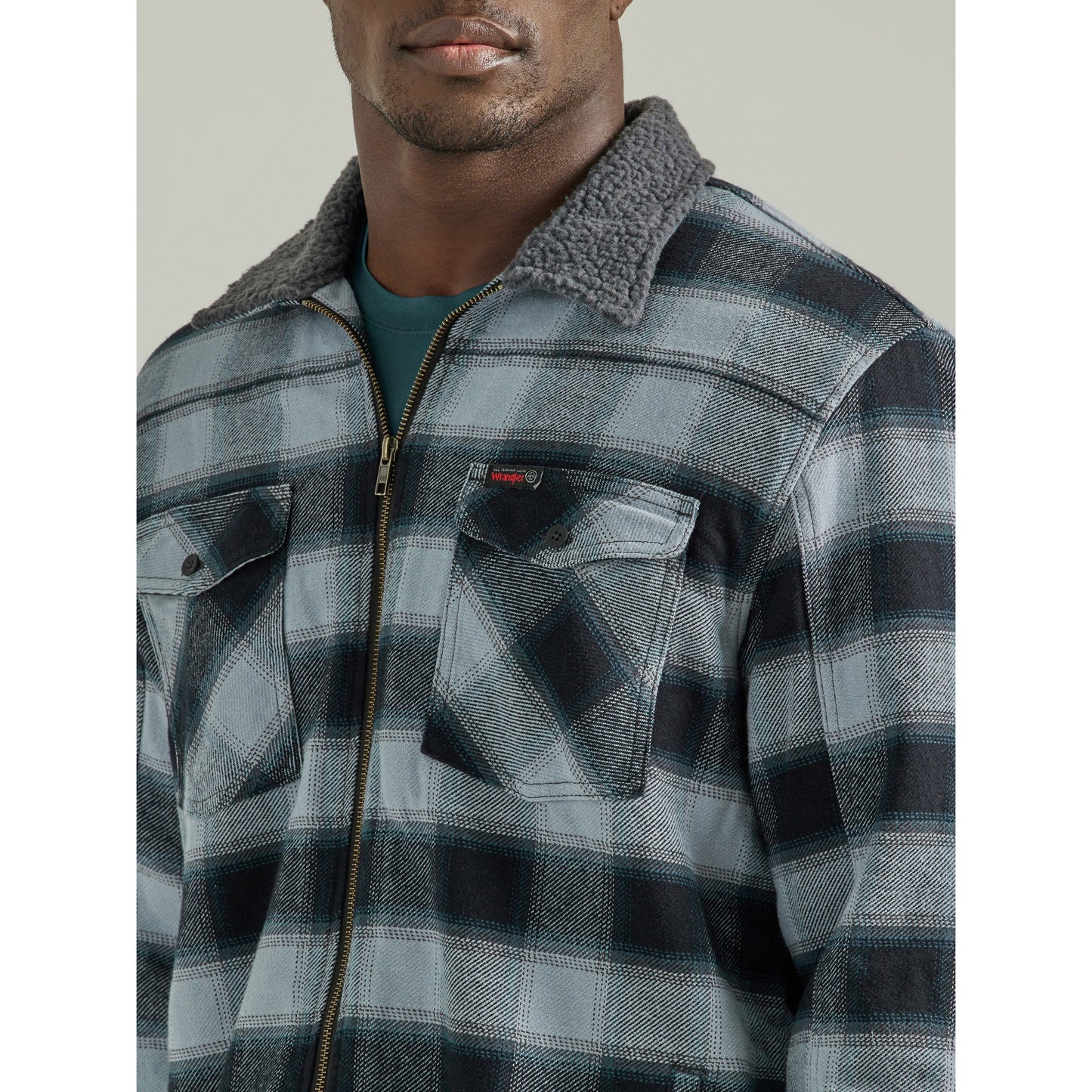 Wrangler Men's ATG Sherpa Lined Flannel Jacket - Blue/Grey