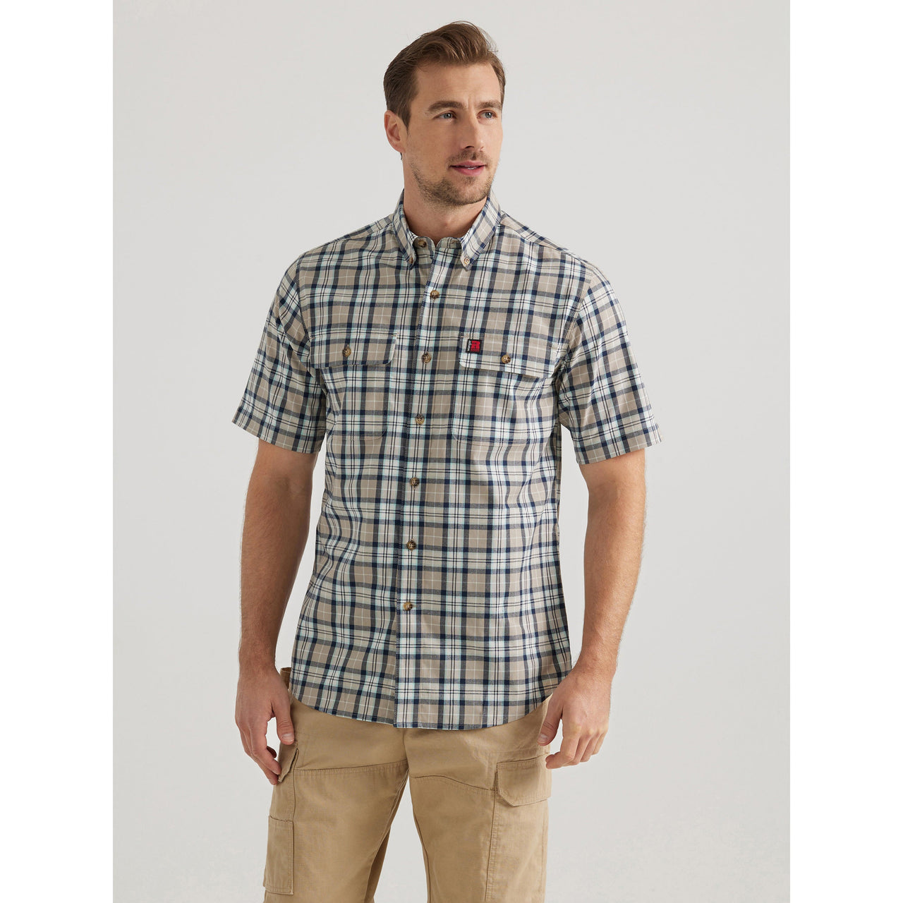 Wrangler Men's Riggs Short Sleeve Foreman Plaid Shirt - Beige