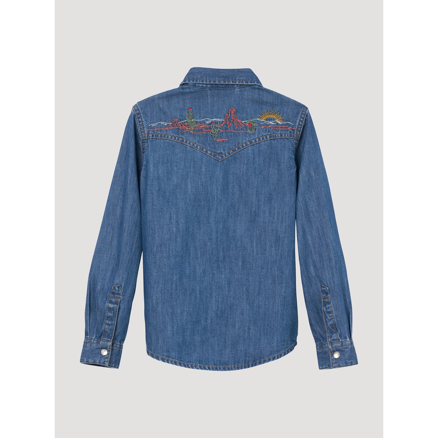 Wrangler Girl's Long Sleeve Embroidered Denim Snap Shirt - Dark Wash