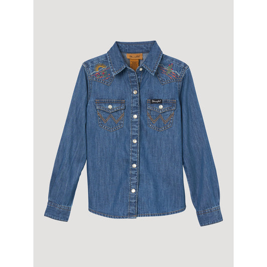 Wrangler Girl's Long Sleeve Embroidered Denim Snap Shirt - Dark Wash