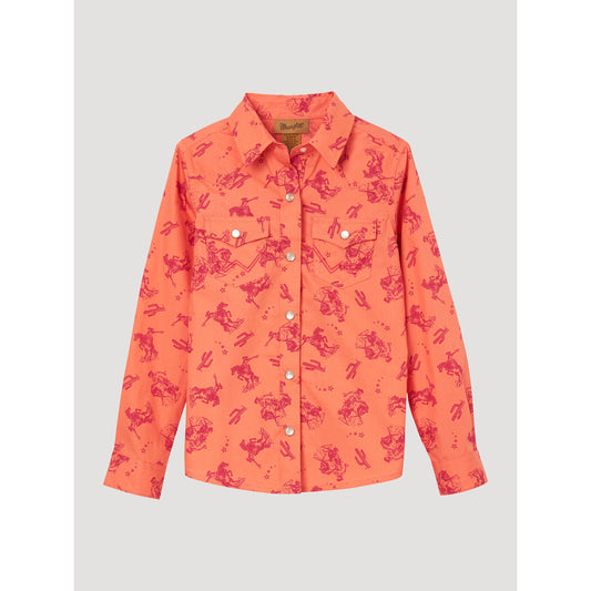 Wrangler Girl's Long Sleeve Rider Snap Shirt - Coral