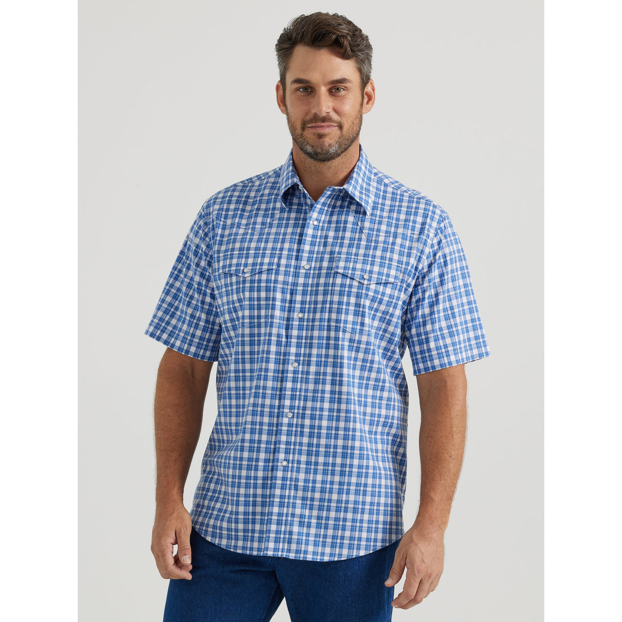 Wrangler Men's Wrinkle Resist Short Sleeve Plaid Shirt - Blue