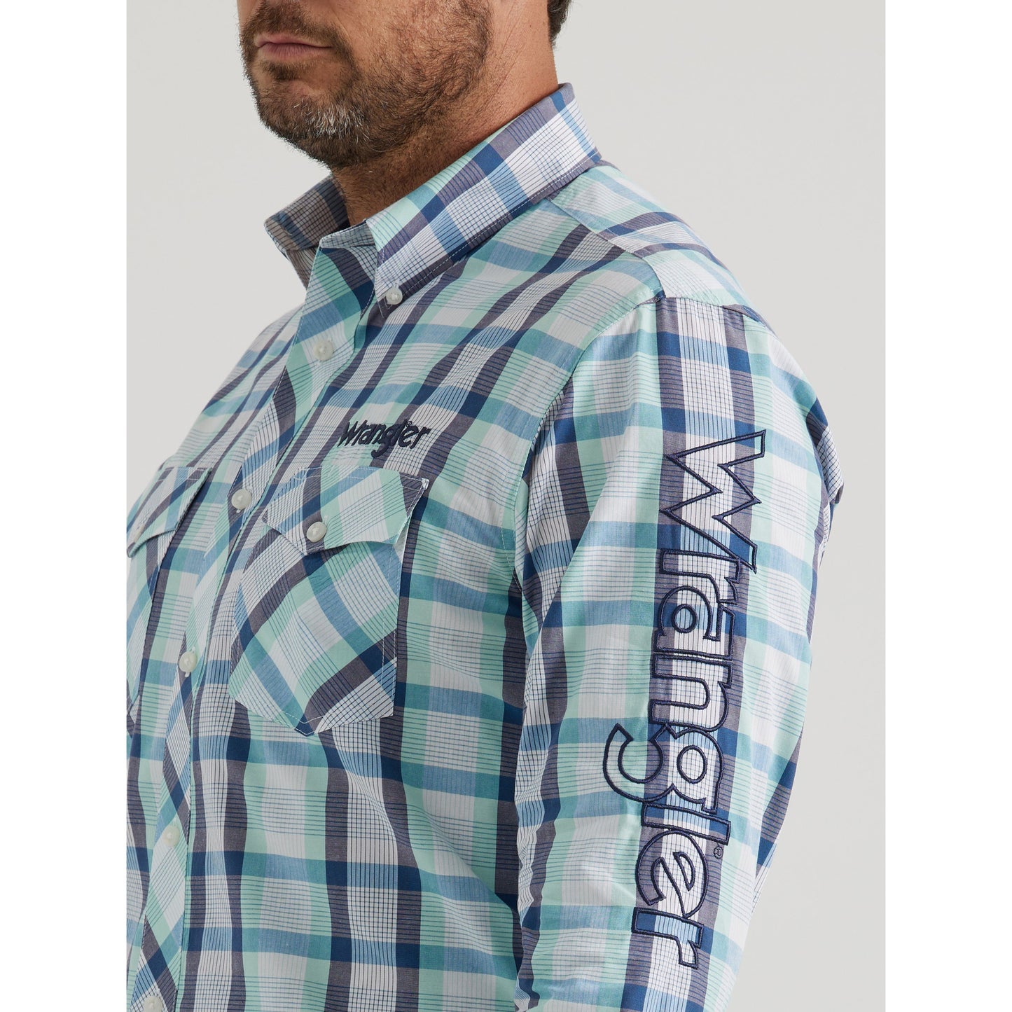 Wrangler Men's Logo Long Sleeve Button Down Shirt - Teal