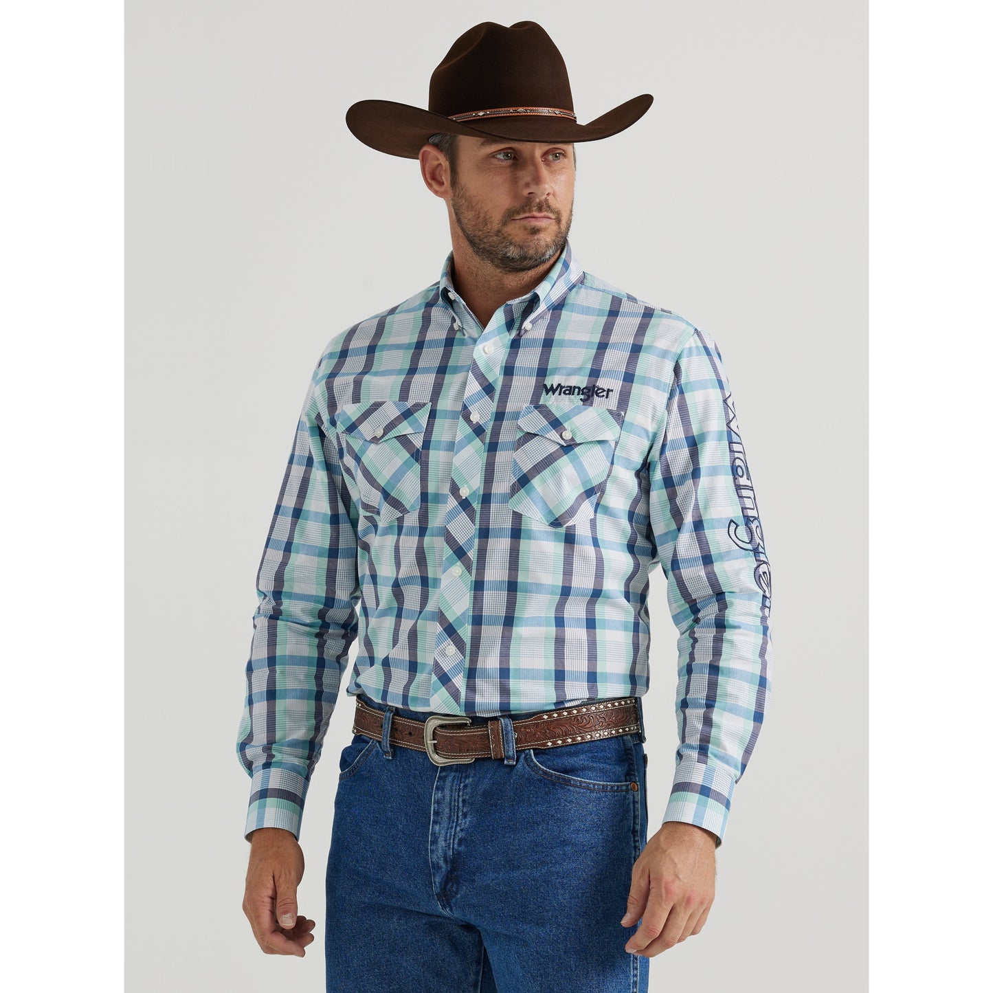 Wrangler Men's Logo Long Sleeve Button Down Shirt - Teal