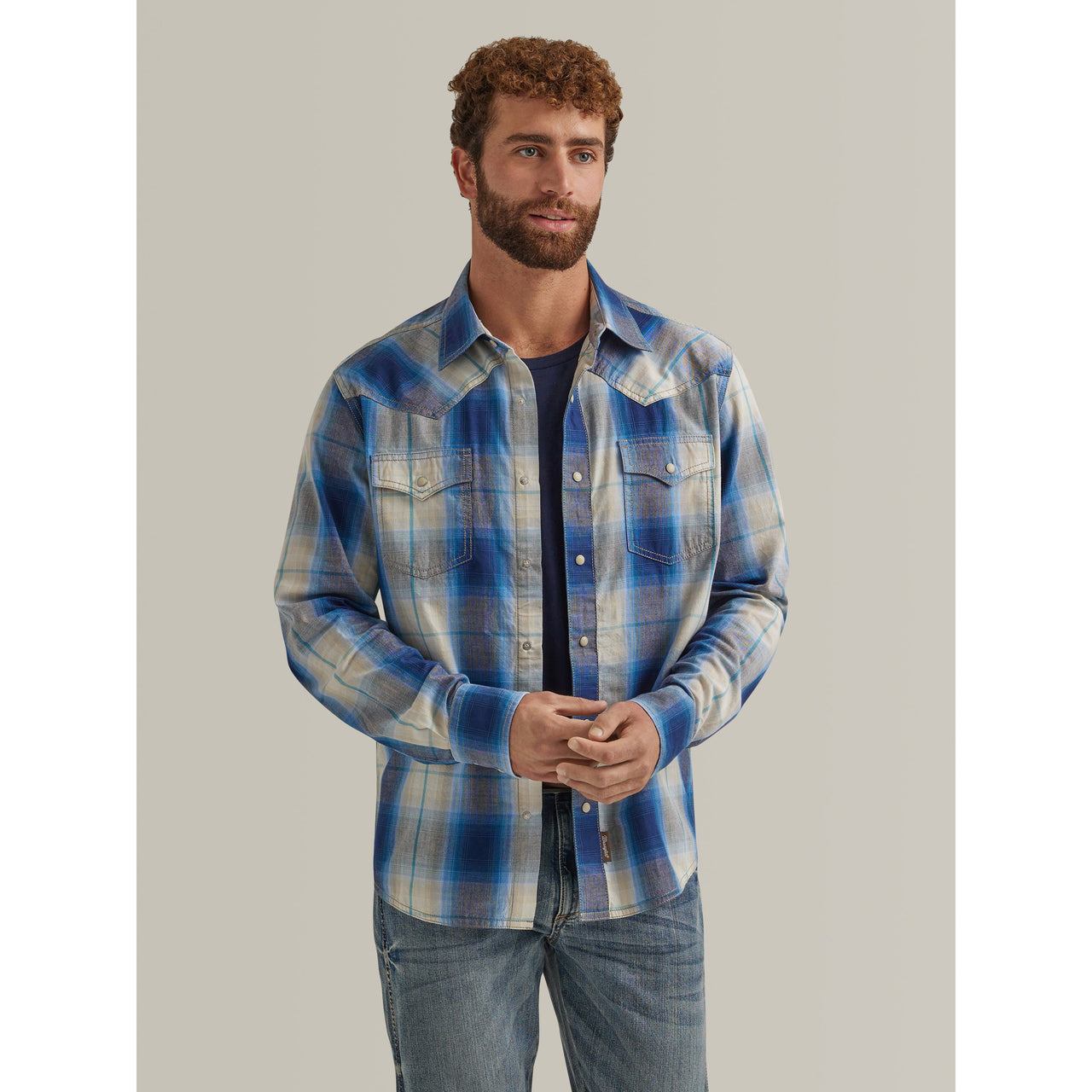 Wrangler Men's Retro Premium Long Sleeve Plaid Snap Shirt - Blue